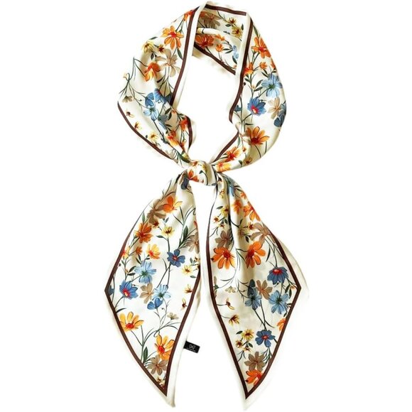 Accessories - Elegant Yellow & Blue Floral Silk Head Scarf - Lightweight Neck Tie for Women